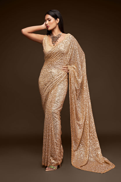 Champagne Gold Sequin Saree for Party & Evening Wear