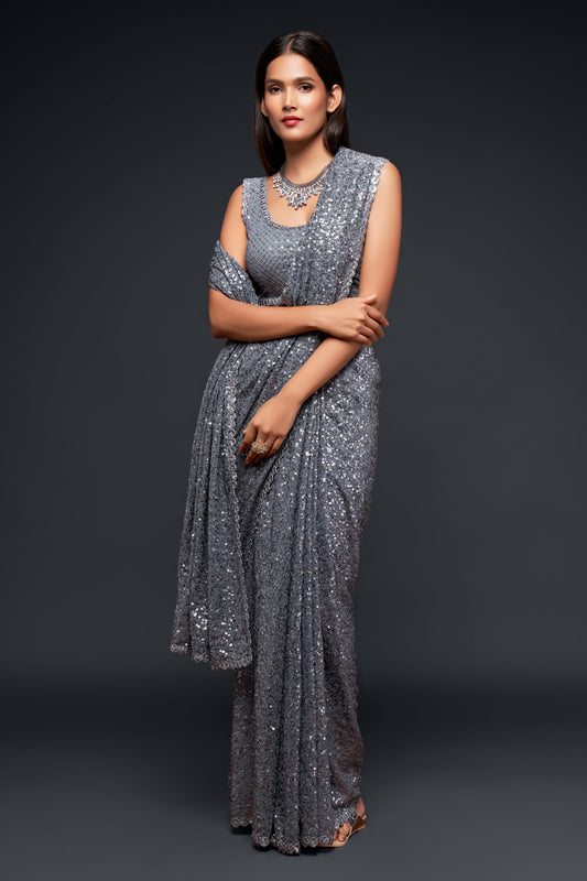Charcoal Grey Sequin Saree for Party & Evening Wear