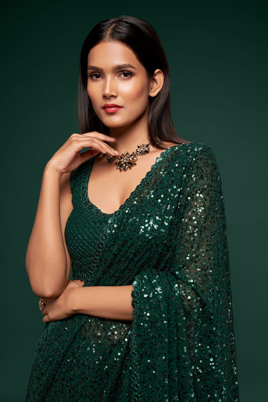 Deep Green Sequin Saree for Party & Evening Wear