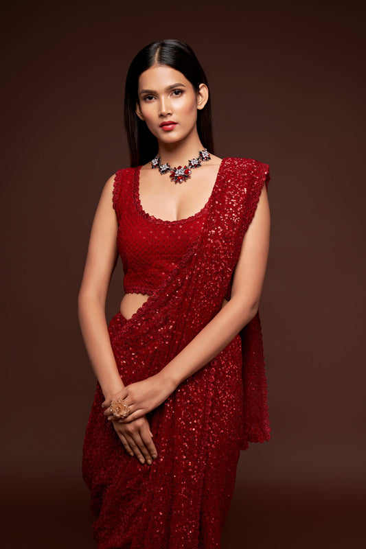 Deep Red Sequin Saree for Party & Evening Wear