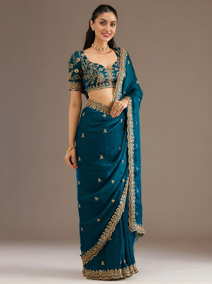 Mustard Gold Tissue Saree with Heavy Gold Embroidery Border & Designer Blouse