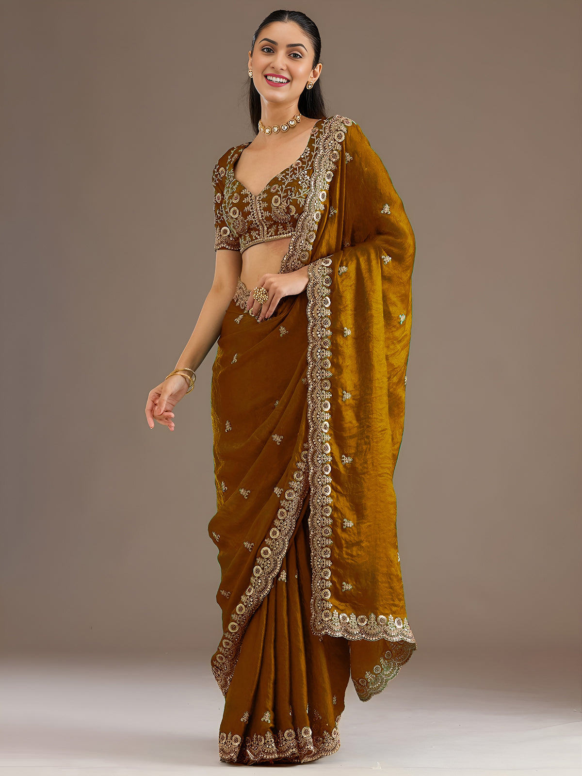 Mustard Gold Tissue Saree with Heavy Gold Embroidery Border & Designer Blouse