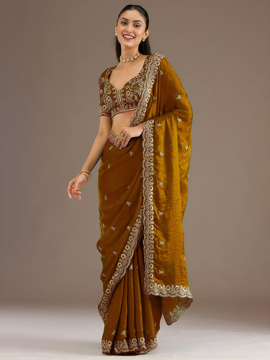 Mustard Gold Tissue Saree with Heavy Gold Embroidery Border & Designer Blouse