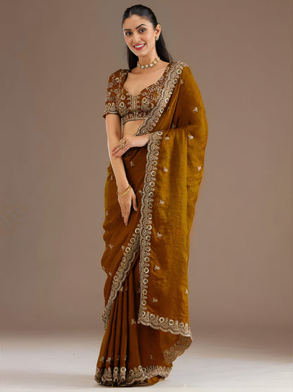Mustard Gold Tissue Saree with Heavy Gold Embroidery Border & Designer Blouse