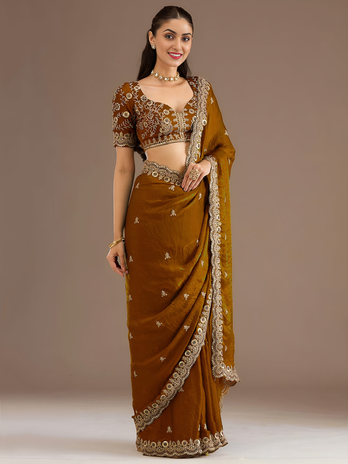 Mustard Gold Tissue Saree with Heavy Gold Embroidery Border & Designer Blouse