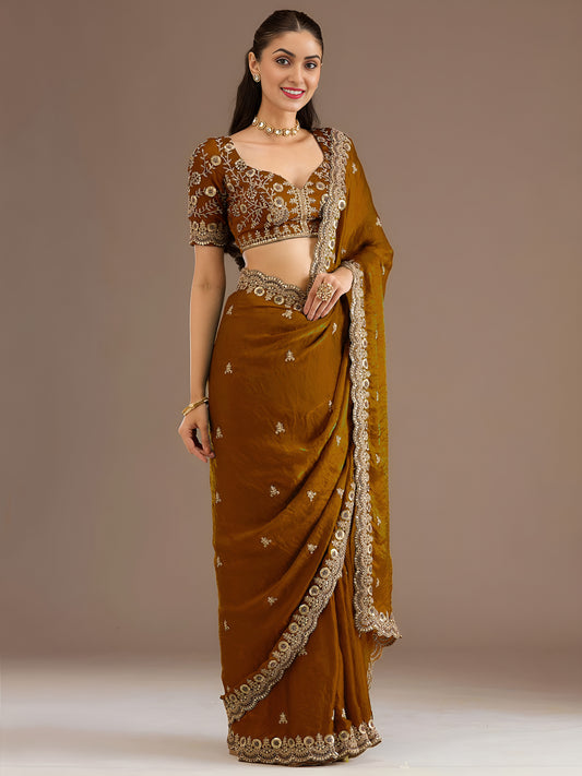 Mustard Gold Tissue Saree with Heavy Gold Embroidery Border & Designer Blouse