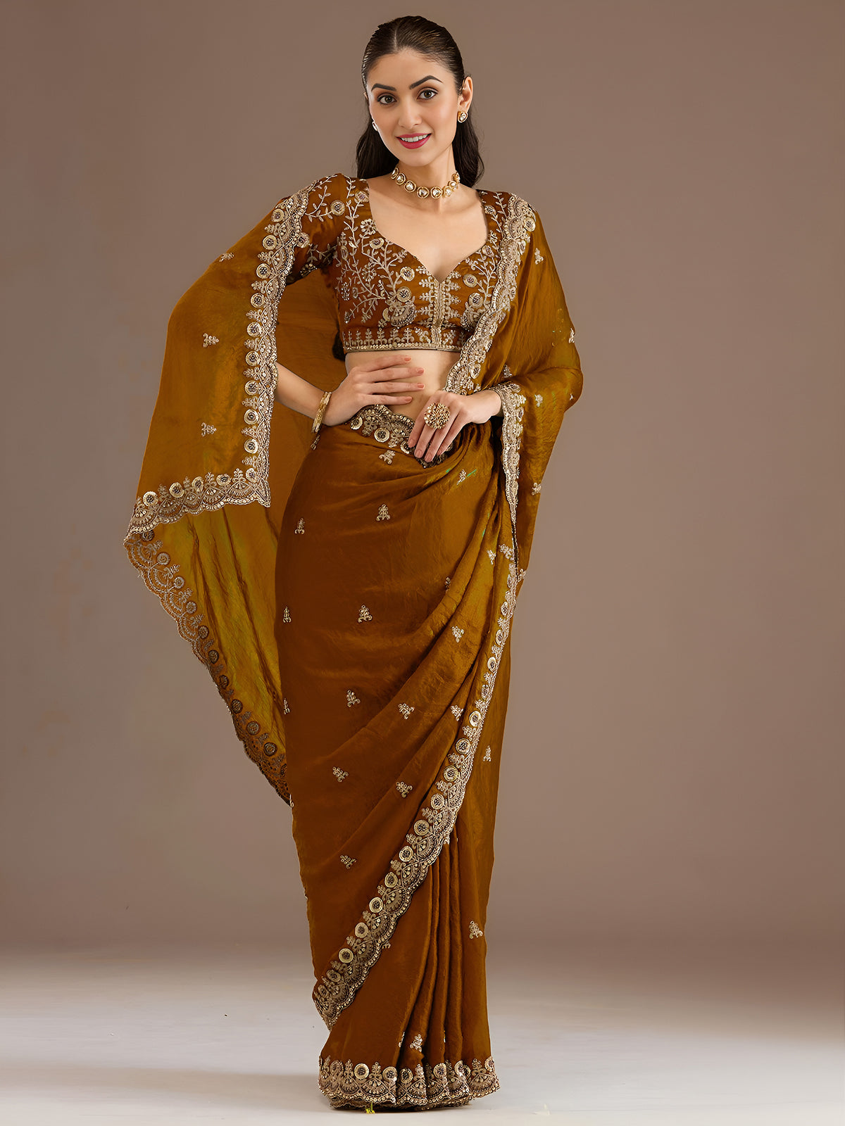 Mustard Gold Tissue Saree with Heavy Gold Embroidery Border & Designer Blouse
