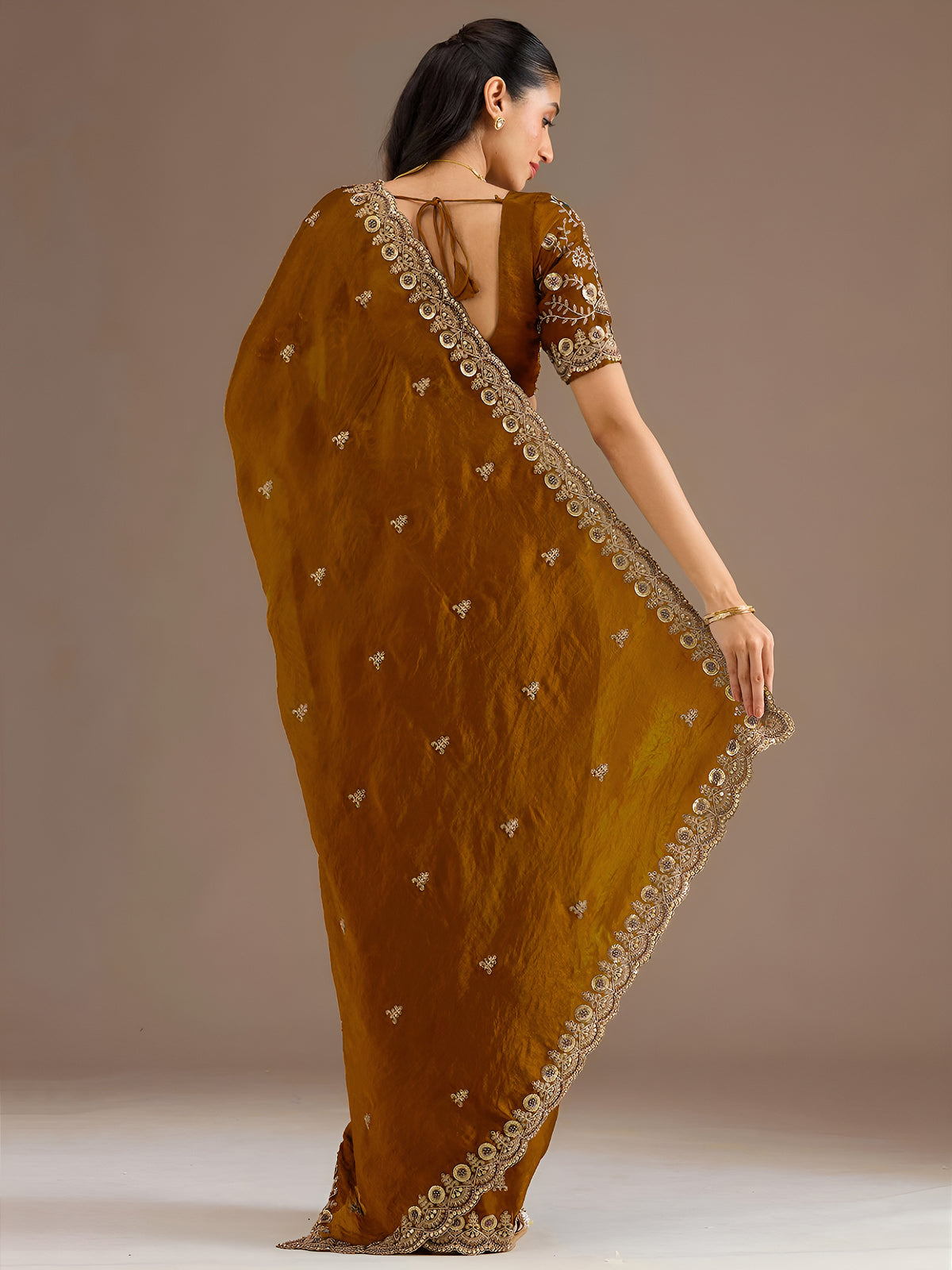 Mustard Gold Tissue Saree with Heavy Gold Embroidery Border & Designer Blouse