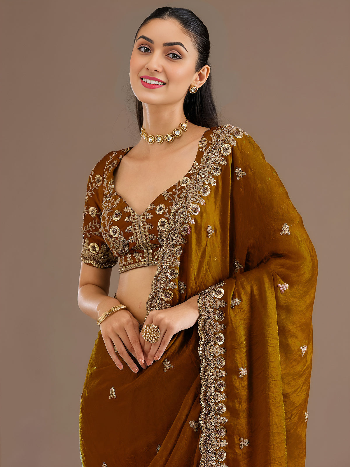Mustard Gold Tissue Saree with Heavy Gold Embroidery Border & Designer Blouse