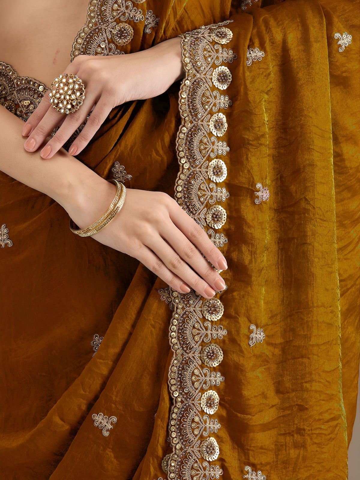 Mustard Gold Tissue Saree with Heavy Gold Embroidery Border & Designer Blouse