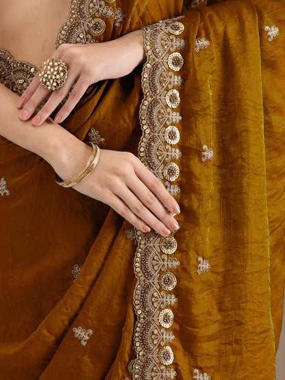 Mustard Gold Tissue Saree with Heavy Gold Embroidery Border & Designer Blouse