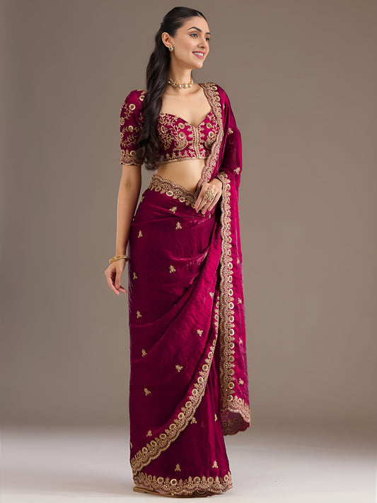 Maroon Wine Tissue Saree with Heavy Gold Embroidery Border & Designer Blouse