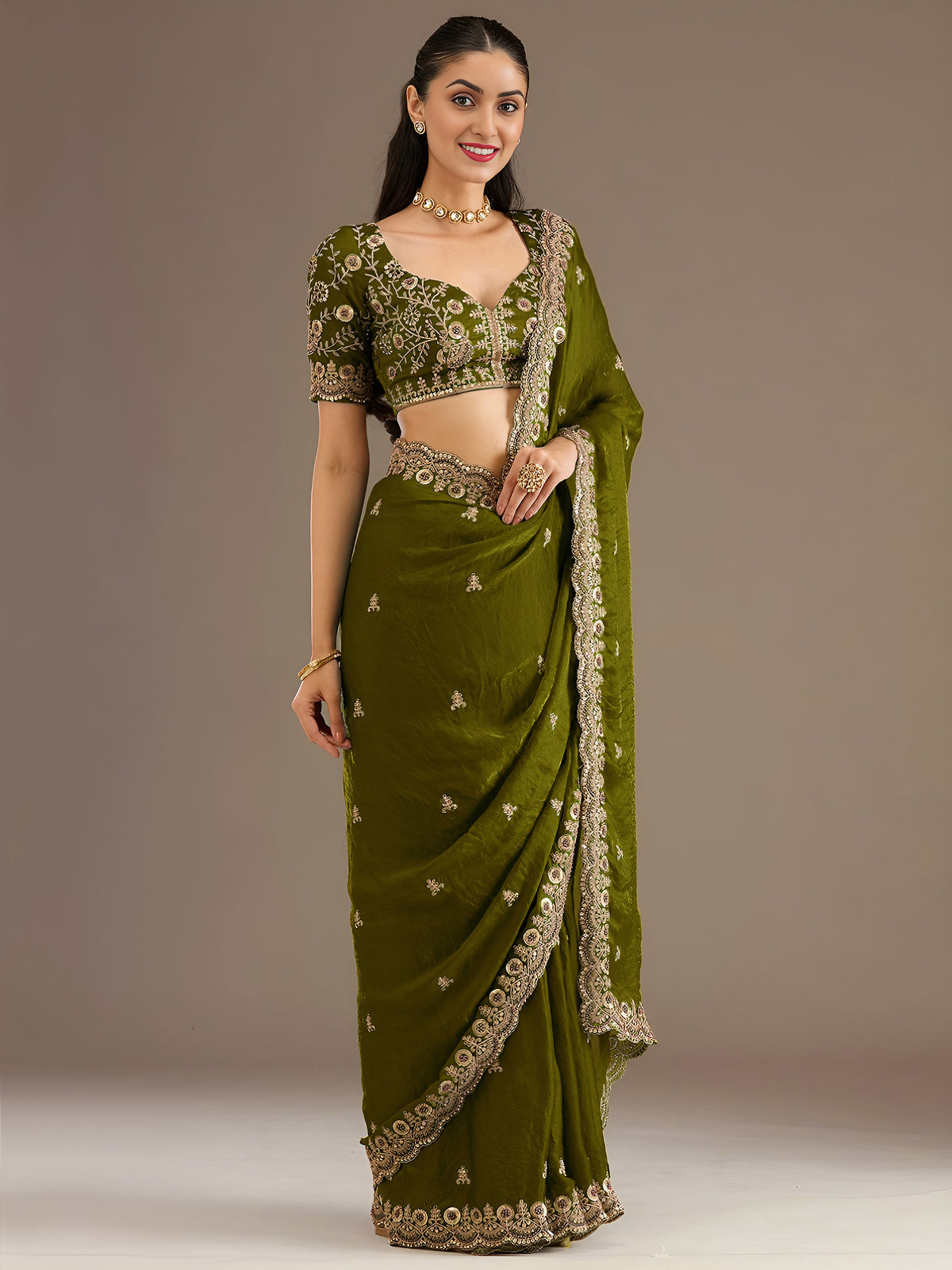 Mustard Gold Tissue Saree with Heavy Gold Embroidery Border & Designer Blouse