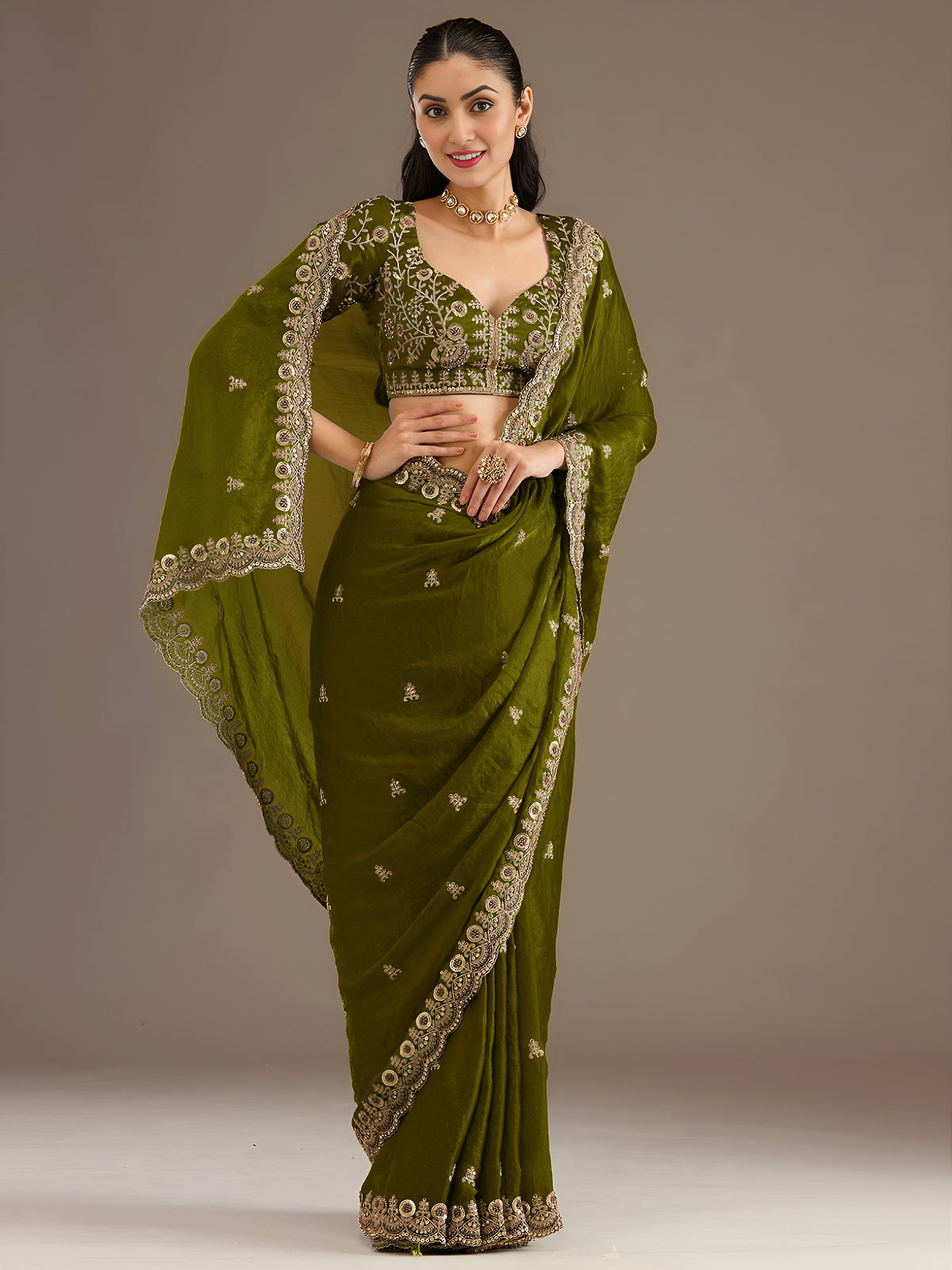 Olive Green Tissue Saree with Heavy Gold Embroidery Border & Designer Blouse