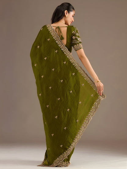 Olive Green Tissue Saree with Heavy Gold Embroidery Border & Designer Blouse