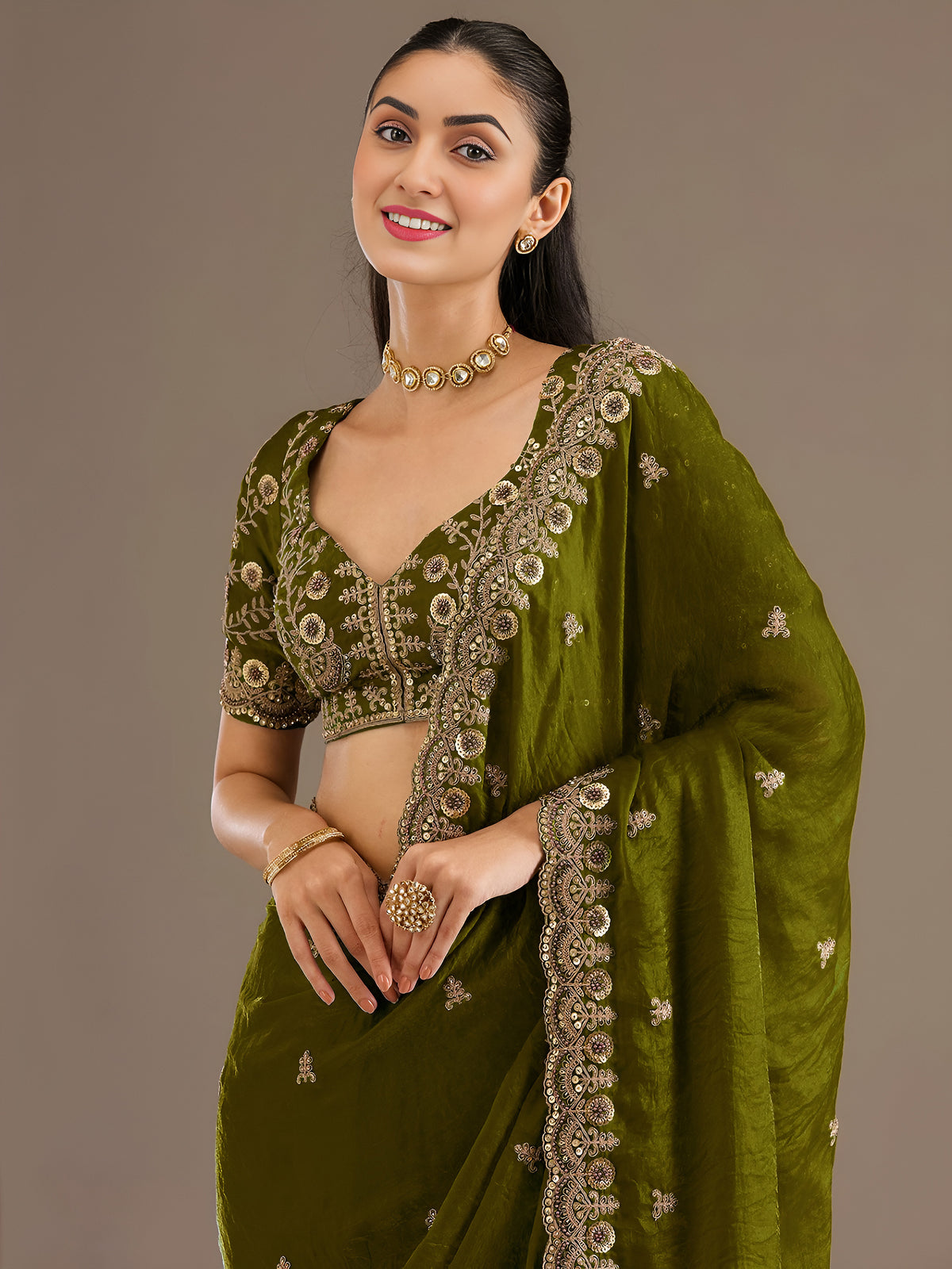 Olive Green Tissue Saree with Heavy Gold Embroidery Border & Designer Blouse