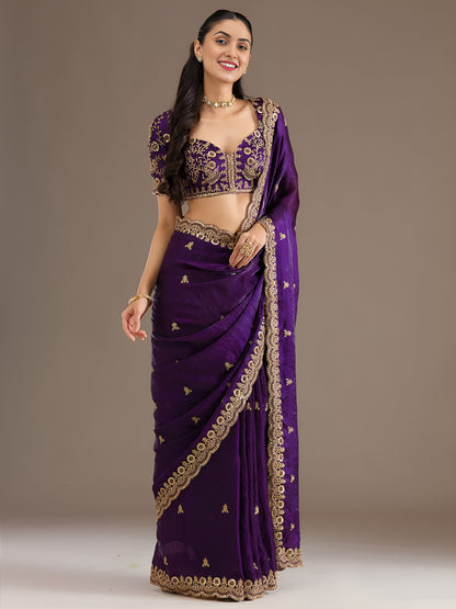 Royal Purple Tissue Saree with Heavy Gold Embroidery Border & Designer Blouse
