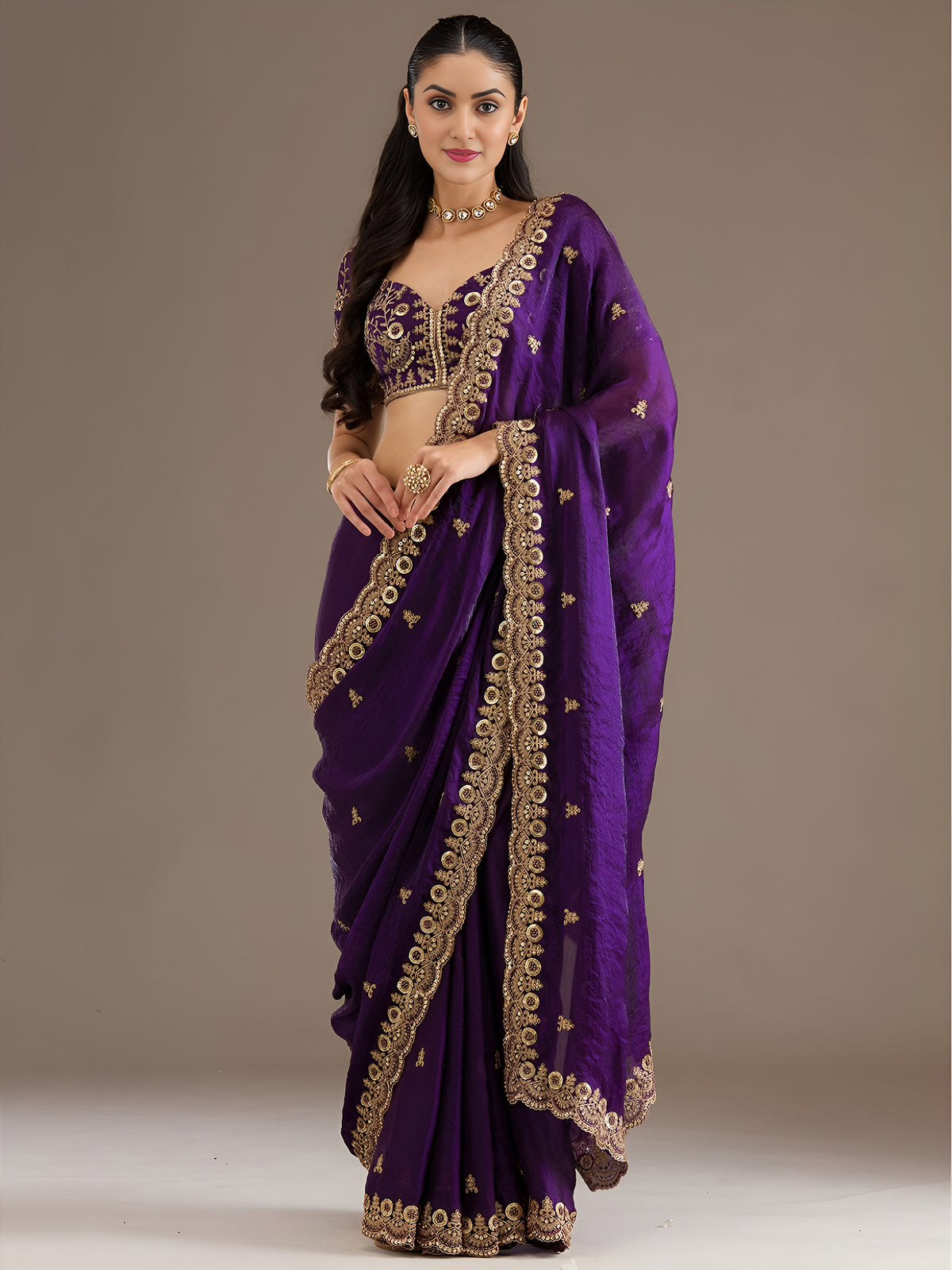 Royal Blue Tissue Saree with Heavy Gold Embroidery Border & Designer Blouse