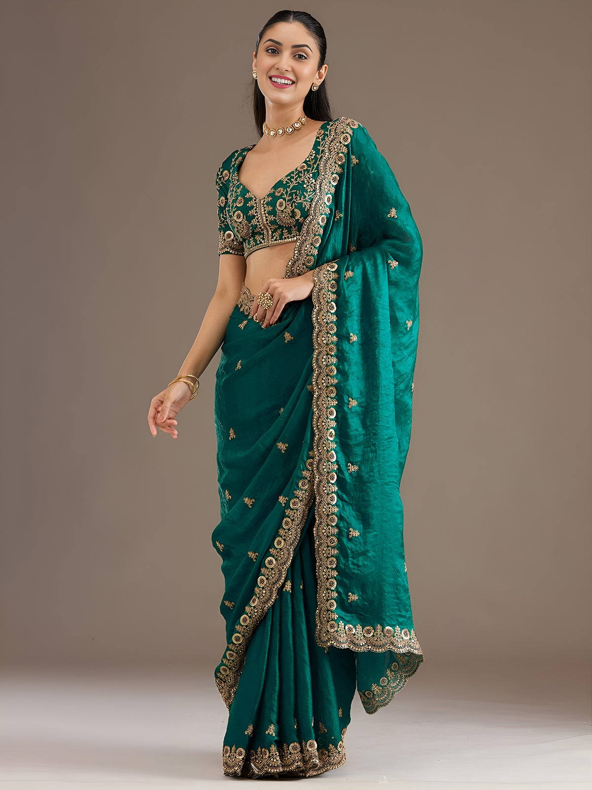 Mustard Gold Tissue Saree with Heavy Gold Embroidery Border & Designer Blouse