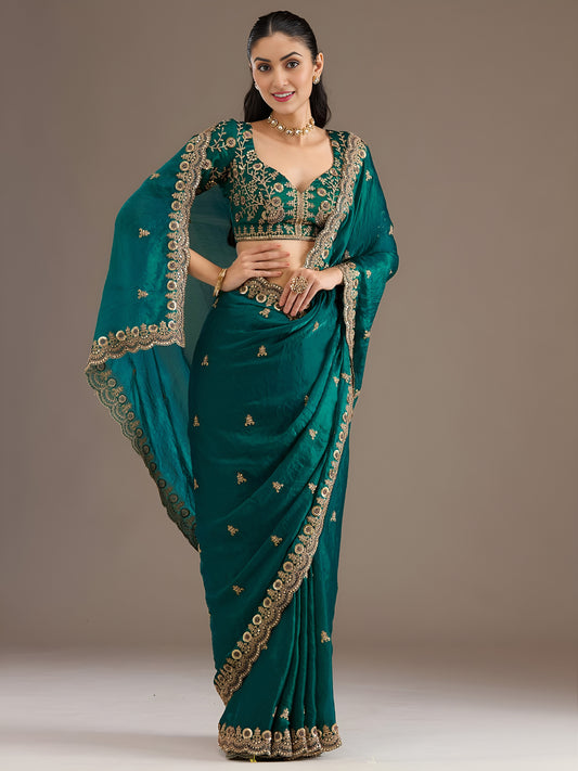 Rama Green Tissue Saree with Heavy Gold Embroidery Border & Designer Blouse