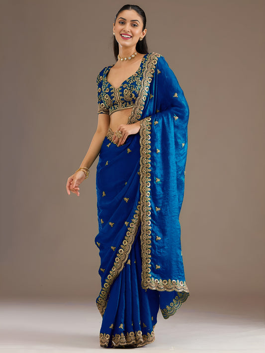 Royal Blue Tissue Saree with Heavy Gold Embroidery Border & Designer Blouse