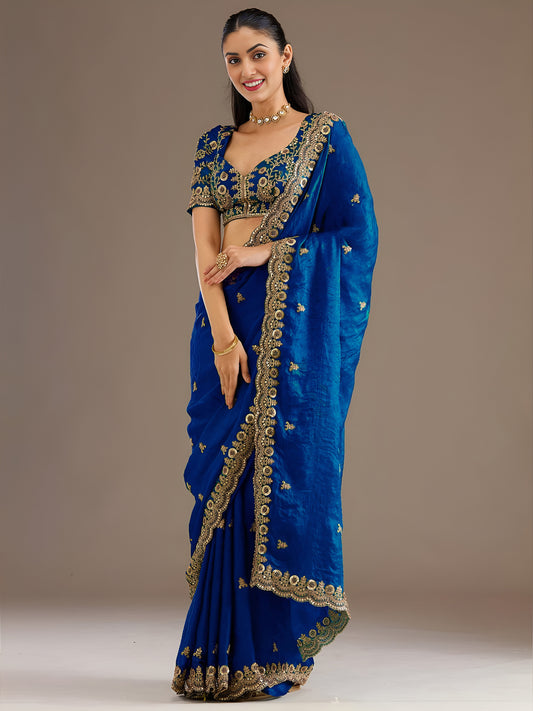 Royal Blue Tissue Saree with Heavy Gold Embroidery Border & Designer Blouse