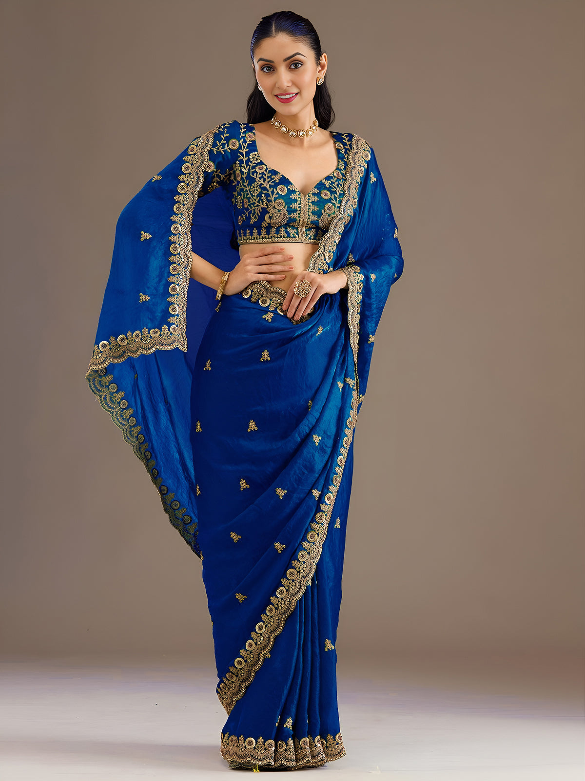 Royal Blue Tissue Saree with Heavy Gold Embroidery Border & Designer Blouse