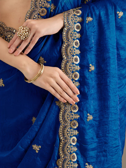 Royal Blue Tissue Saree with Heavy Gold Embroidery Border & Designer Blouse