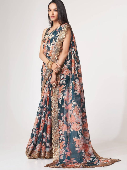 Elegant Floral Designer Saree with Golden Embroidery