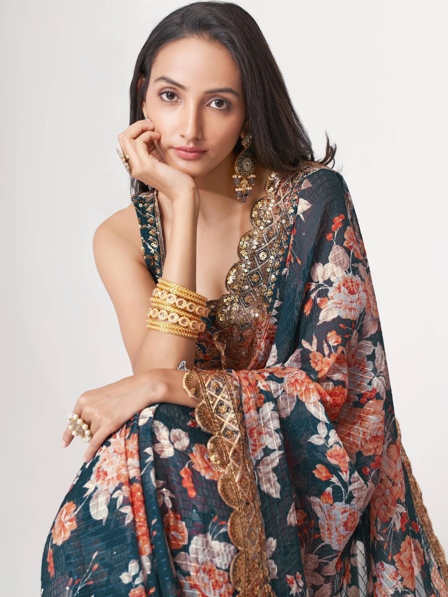 Elegant Floral Designer Saree with Golden Embroidery