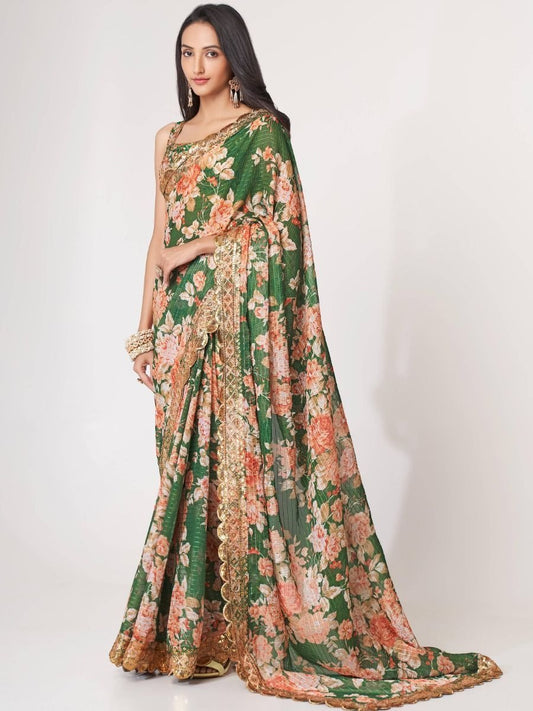 Elegant Green Floral  organza Saree with Gold Embroidery