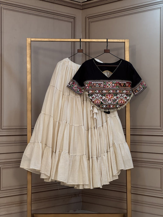 12 Meter Kora Cotton Frill Lehenga with Kutchi Patchwork Blouse