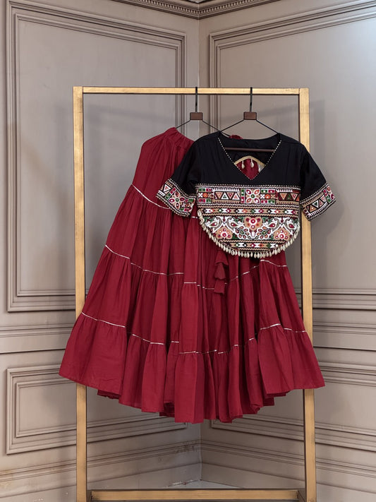 12 Meter Kora Cotton Frill Lehenga with Kutchi Patchwork Blouse
