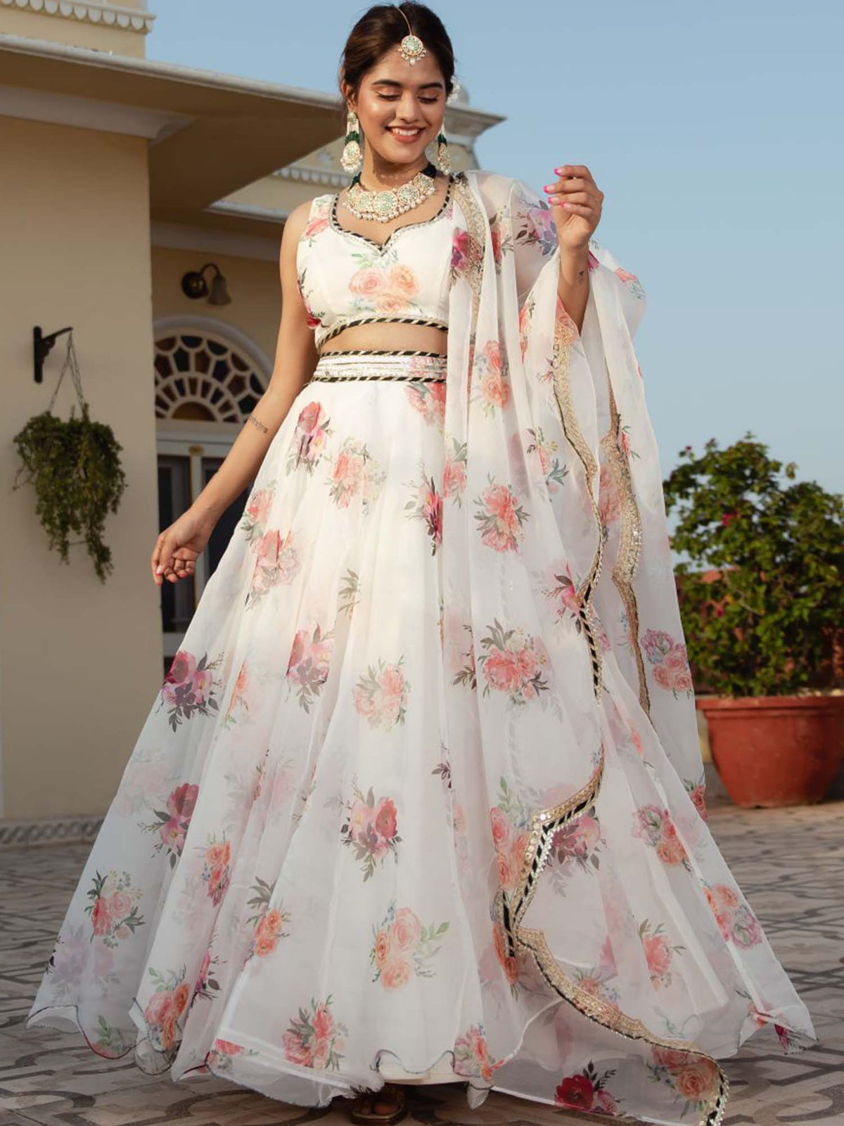 White Floral Organza Lehenga Choli for Women
