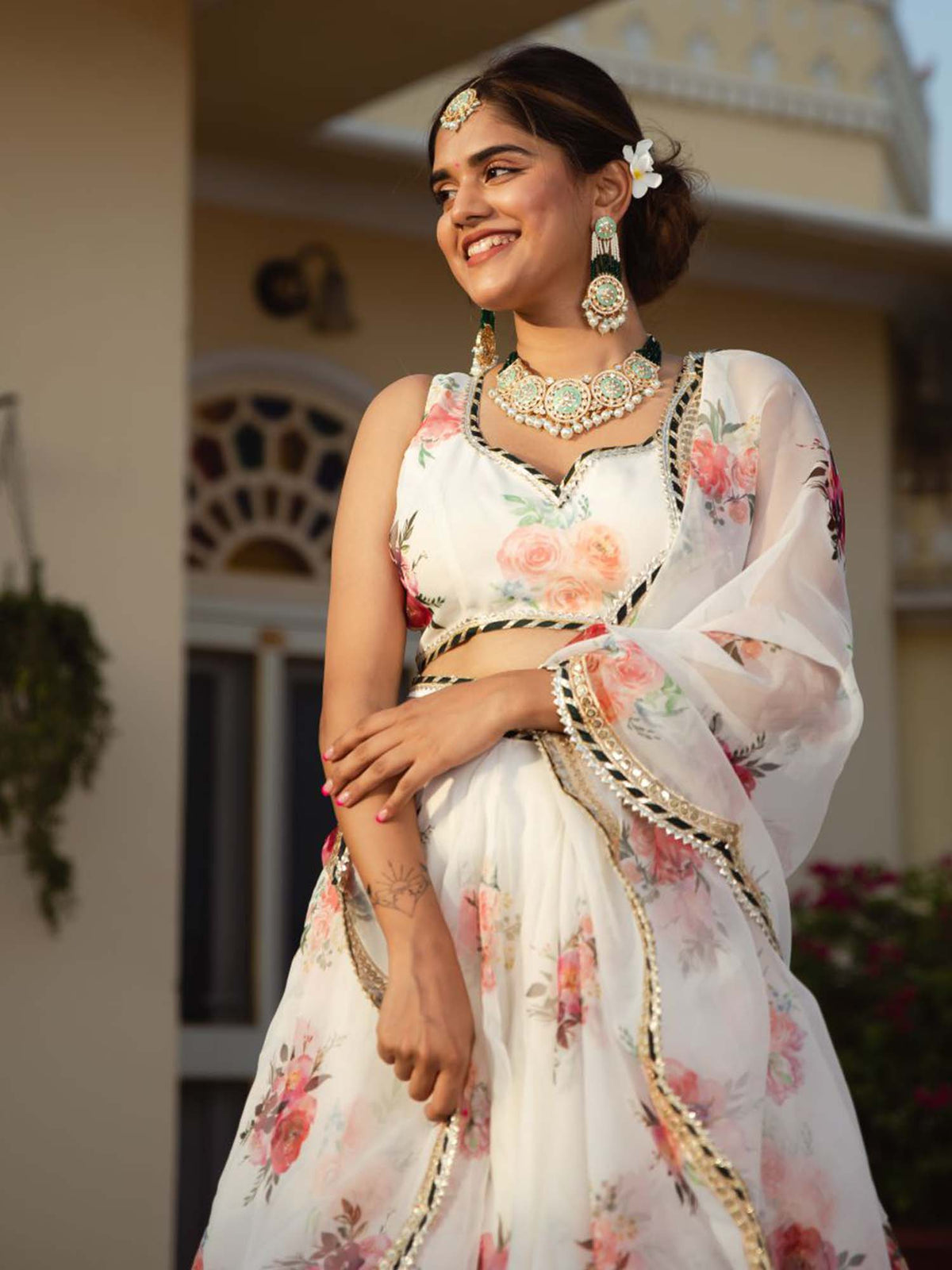White Floral Organza Lehenga Choli for Women