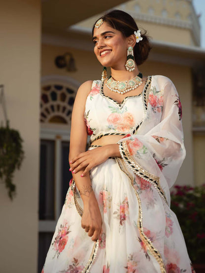 White Floral Organza Lehenga Choli for Women