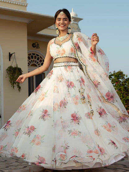 White Floral Organza Lehenga Choli for Women