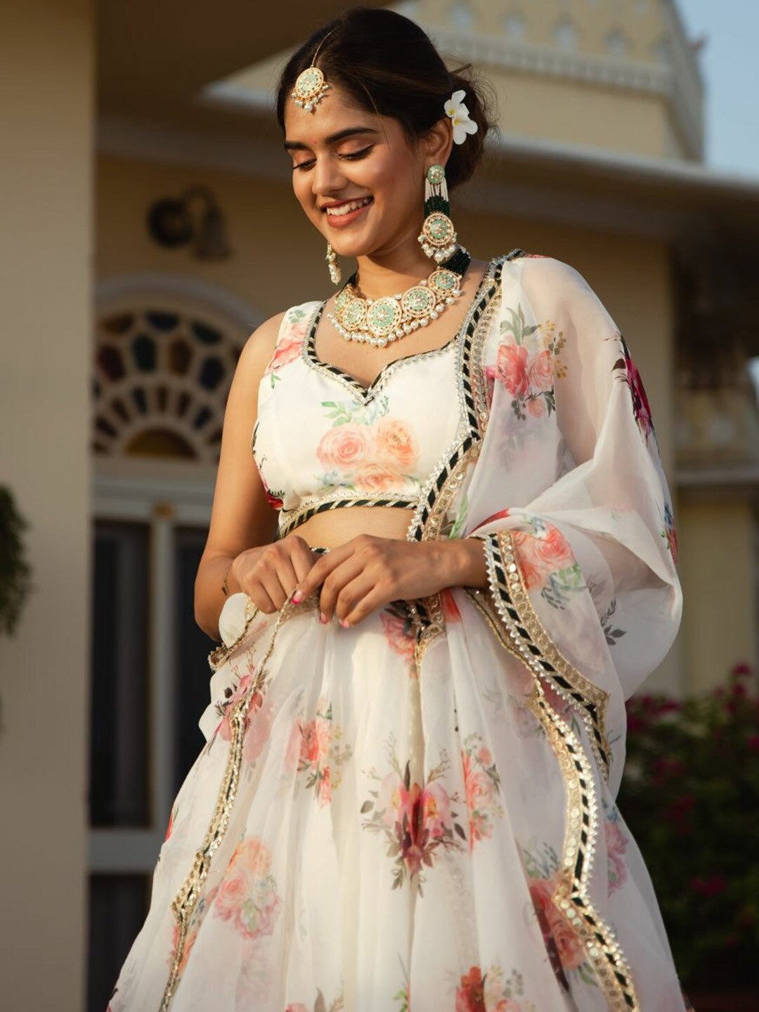 White Floral Organza Lehenga Choli for Women