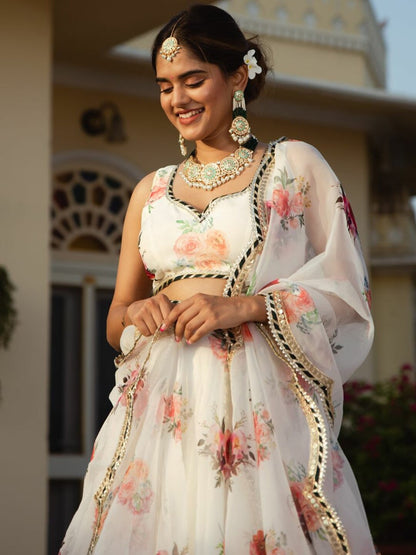 White Floral Organza Lehenga Choli for Women