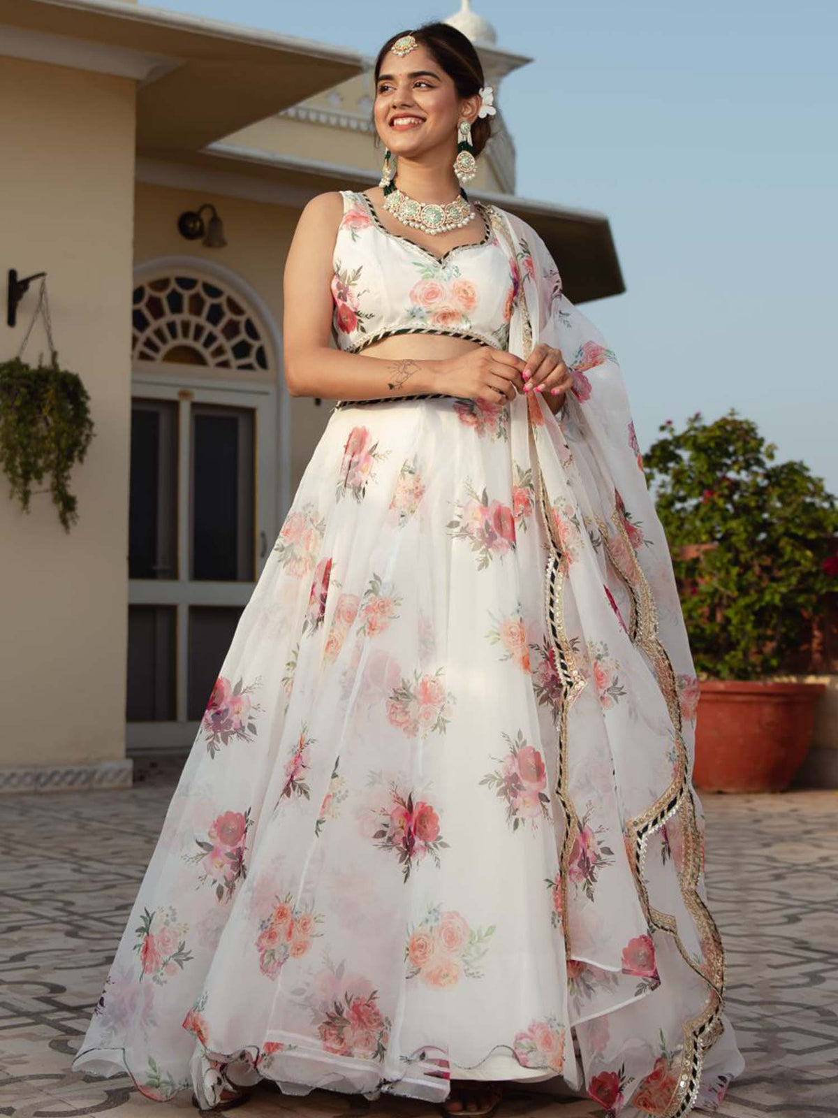 White Floral Organza Lehenga Choli for Women