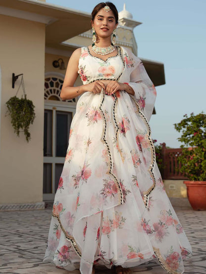 White Floral Organza Lehenga Choli for Women