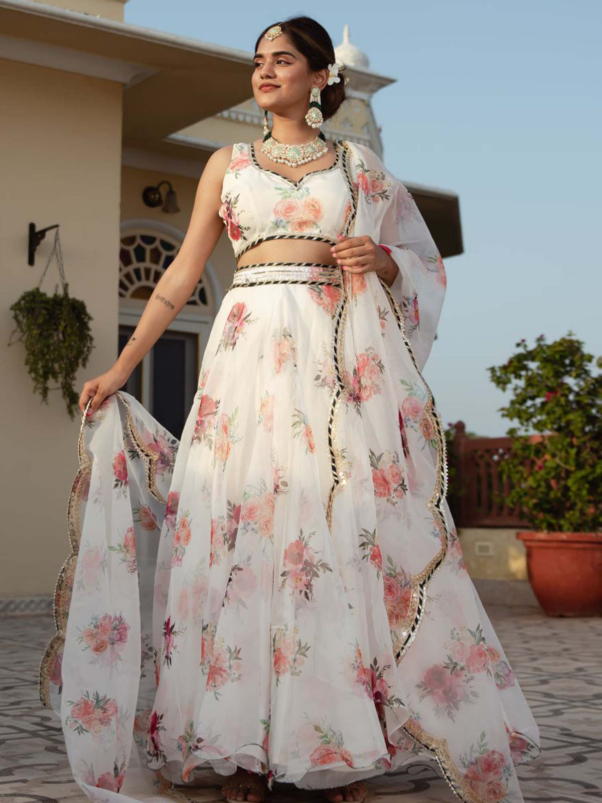 White Floral Organza Lehenga Choli for Women