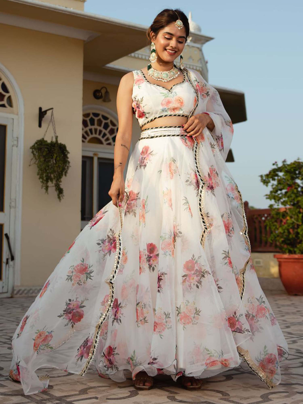 White Floral Organza Lehenga Choli for Women
