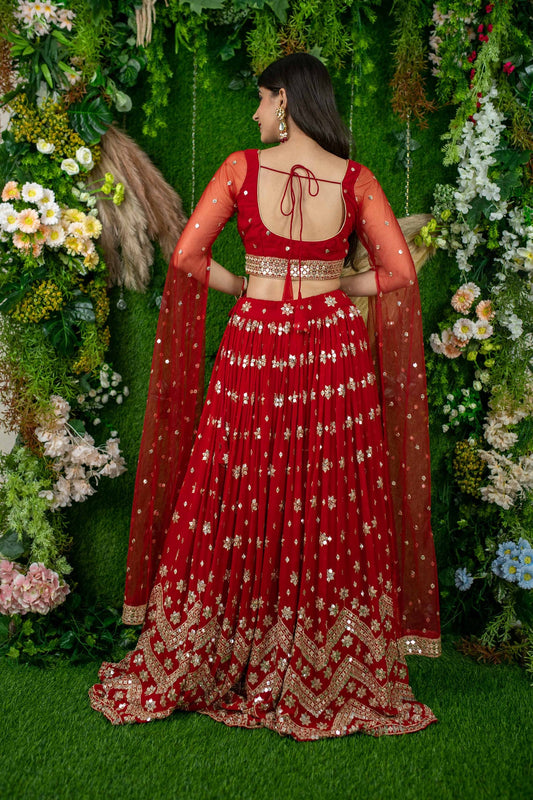 Elegant Red Sequins Georgette Wedding Lehenga Choli With Dupatta