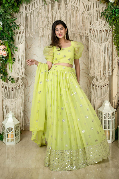 Lime Green Sequins Georgette Lehenga Choli