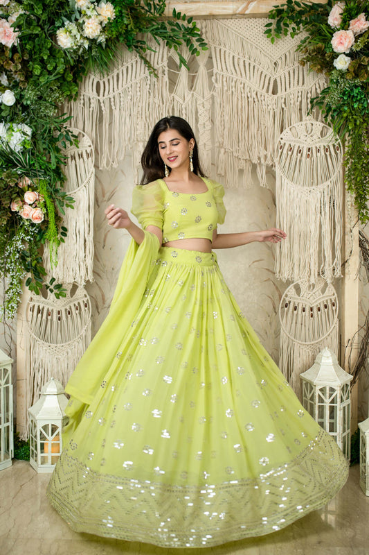 Lime Green Sequins Georgette Lehenga Choli