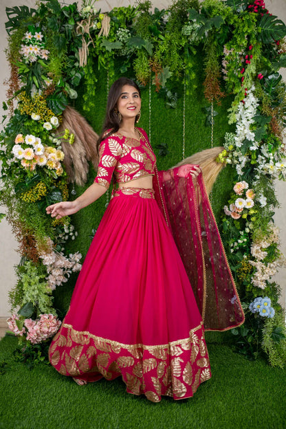 Pink and Gold Embroidered Lehenga Choli for Women