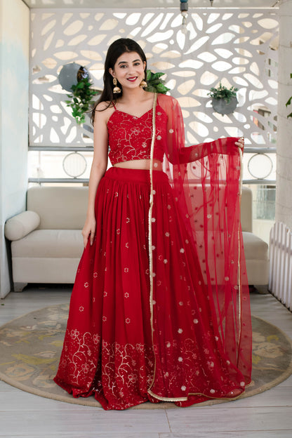 Stylish Red Embroidered Lehenga 
