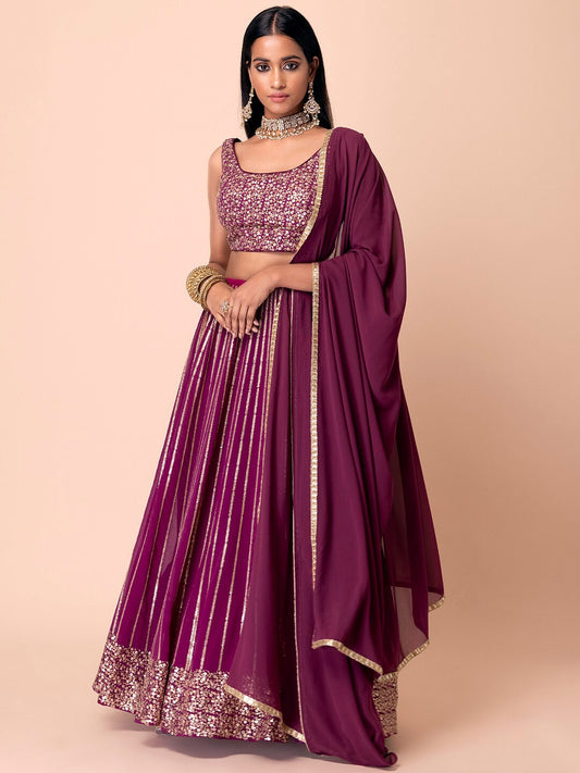 Wine Sequins Georgette Reception Wear Lehenga Choli