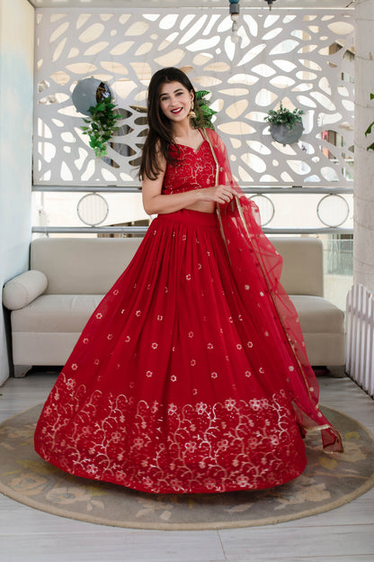 Stylish Red Georgette Lehenga with Net Dupatta